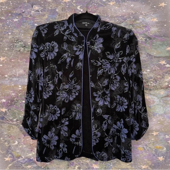 Onyx Jackets & Blazers - Onyx Black Velvet Open-Front Jacket with Purple Floral Burnout